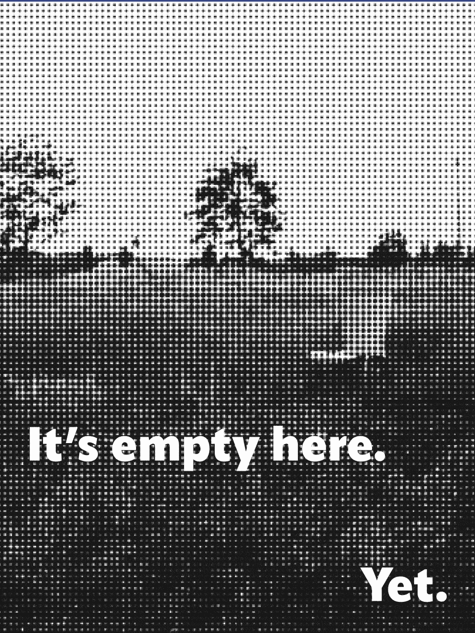 Wind moves trees in a pixelated field, caption reads: "It’s empty here. Yet."