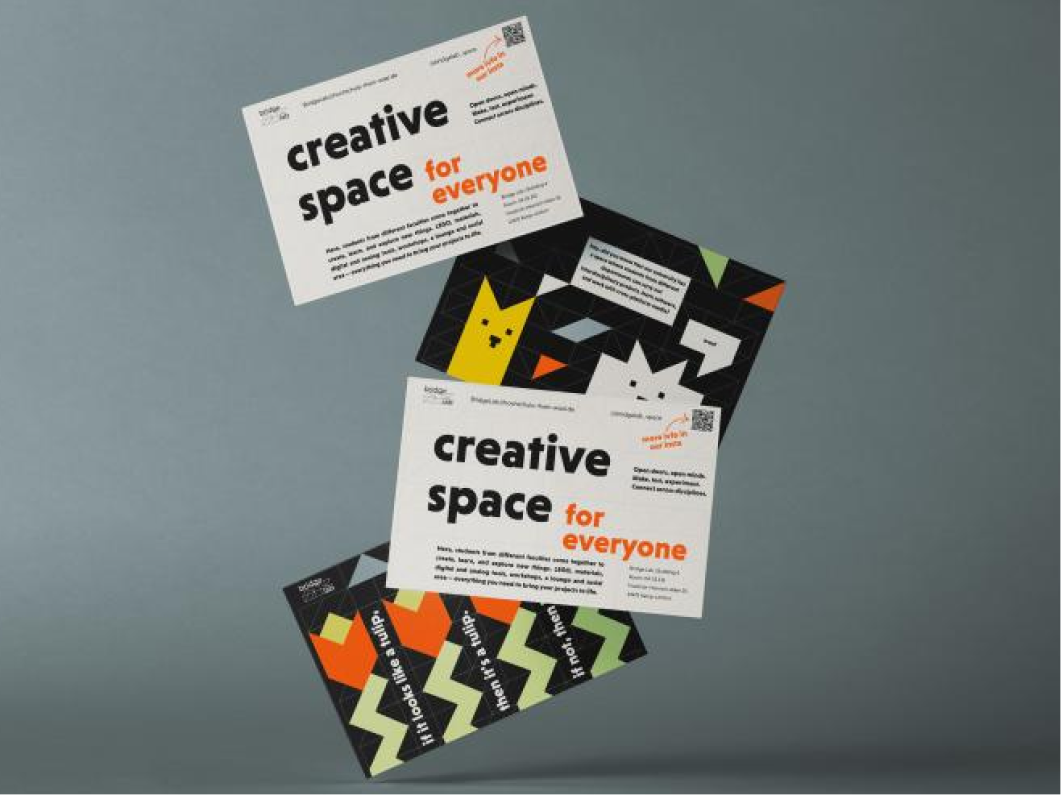 Creative space promotional flyers and cards floating on gray background