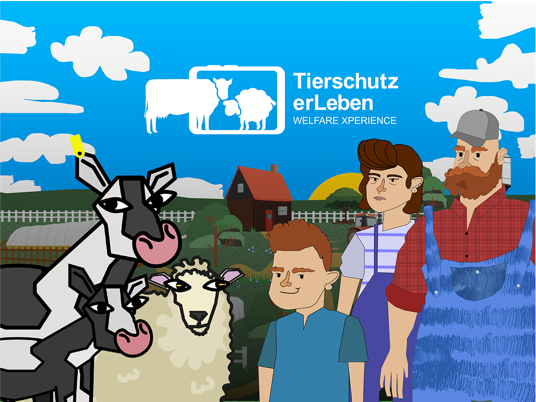 Cartoon illustration of a farm with animals and people in front of a blue sky