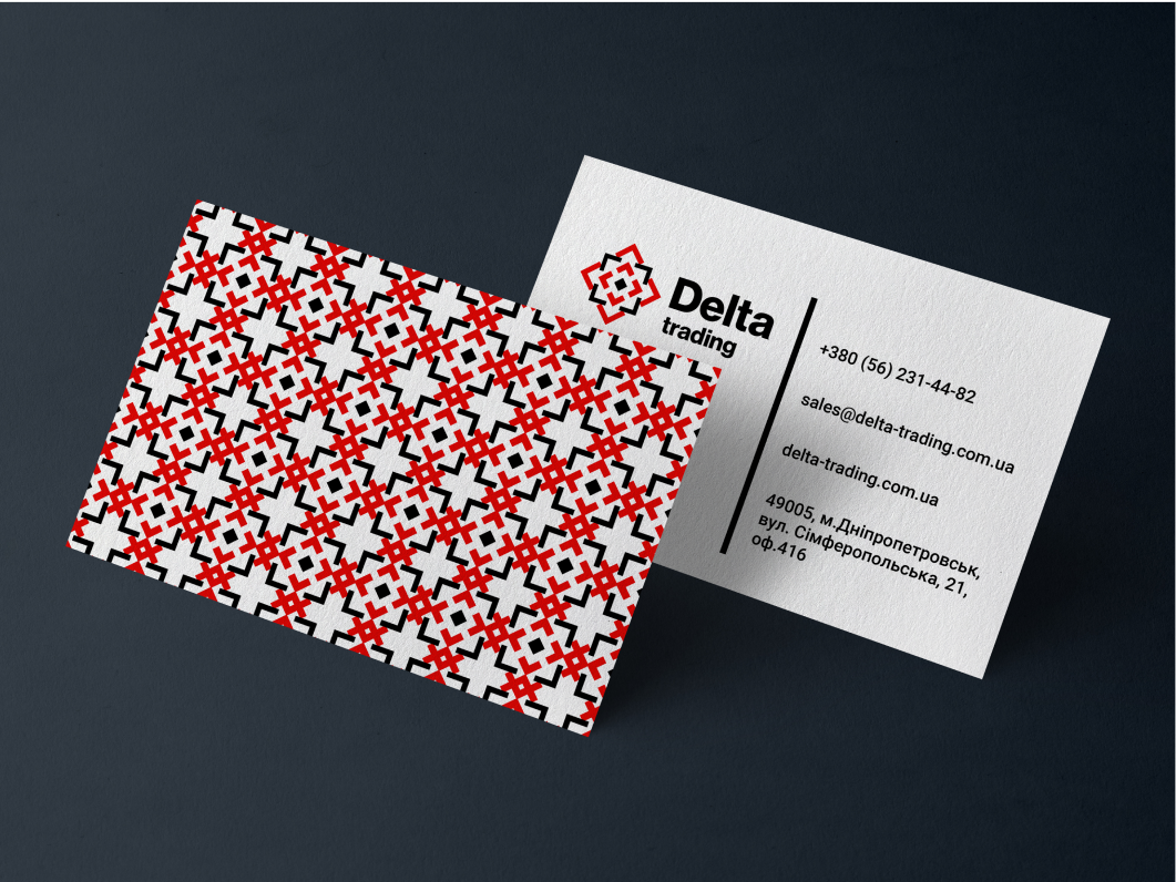 Patterned business card and contact card for Delta Trading on a dark background