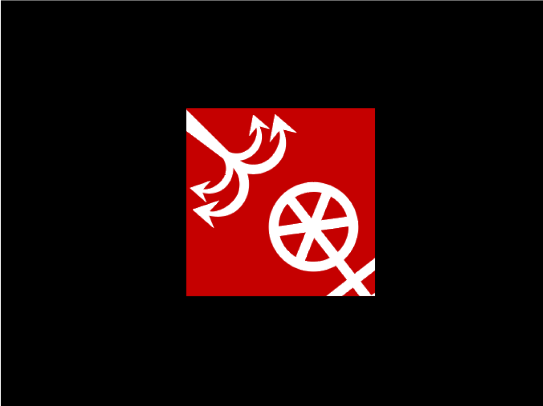 Red and white abstract logo with stylized anker and wheel on a black background