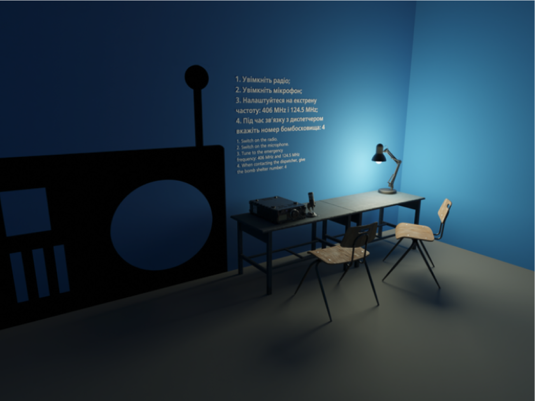 Minimalist, blue-lit interior space with tables, chairs, and a wall-mounted wayfinding display