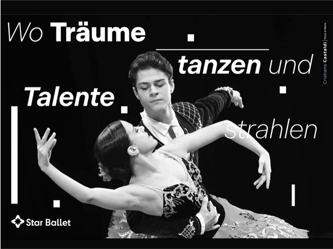 Black and white photograph of two ballet dancers with bold typographic elements