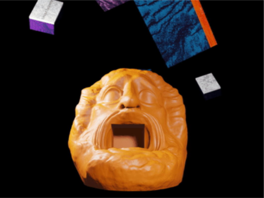 Orange sculpted sponge holder shaped like a classical face, with colorful sponges above