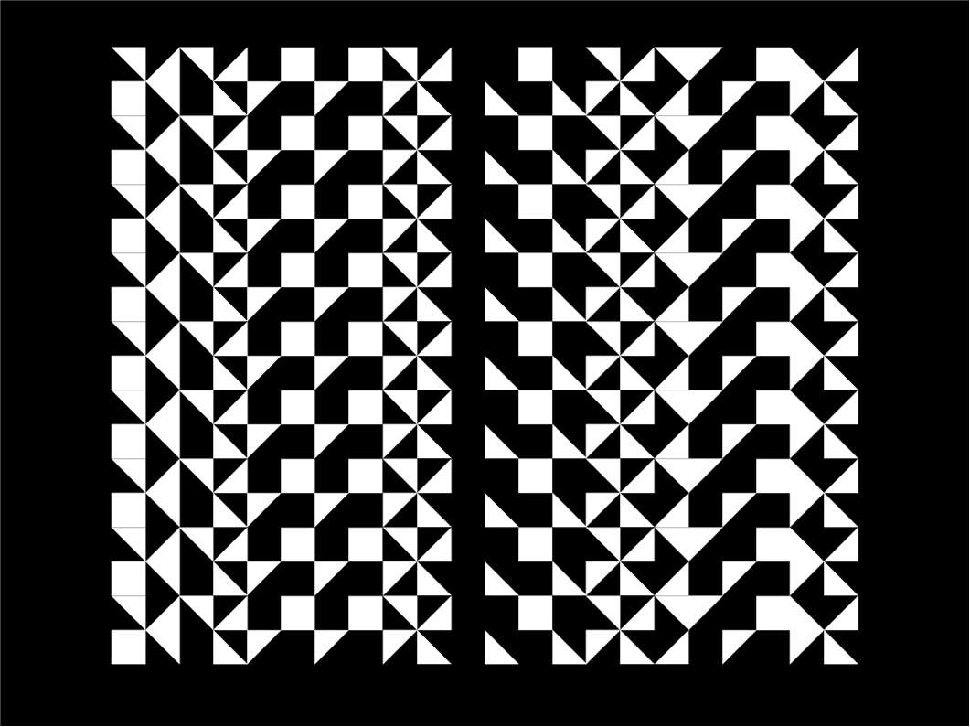 Black-and-white geometric pattern forming an abstract, repeating font
