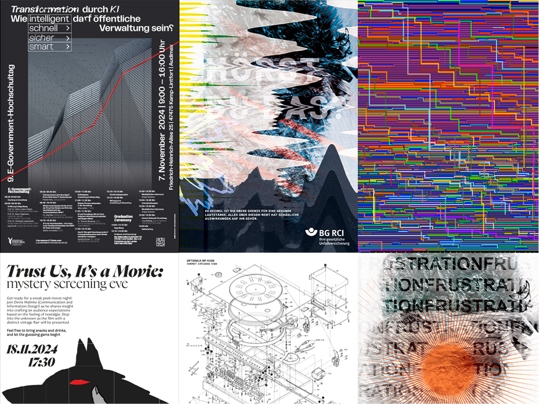 Grid of various experimental and editorial posters with diverse styles and textures