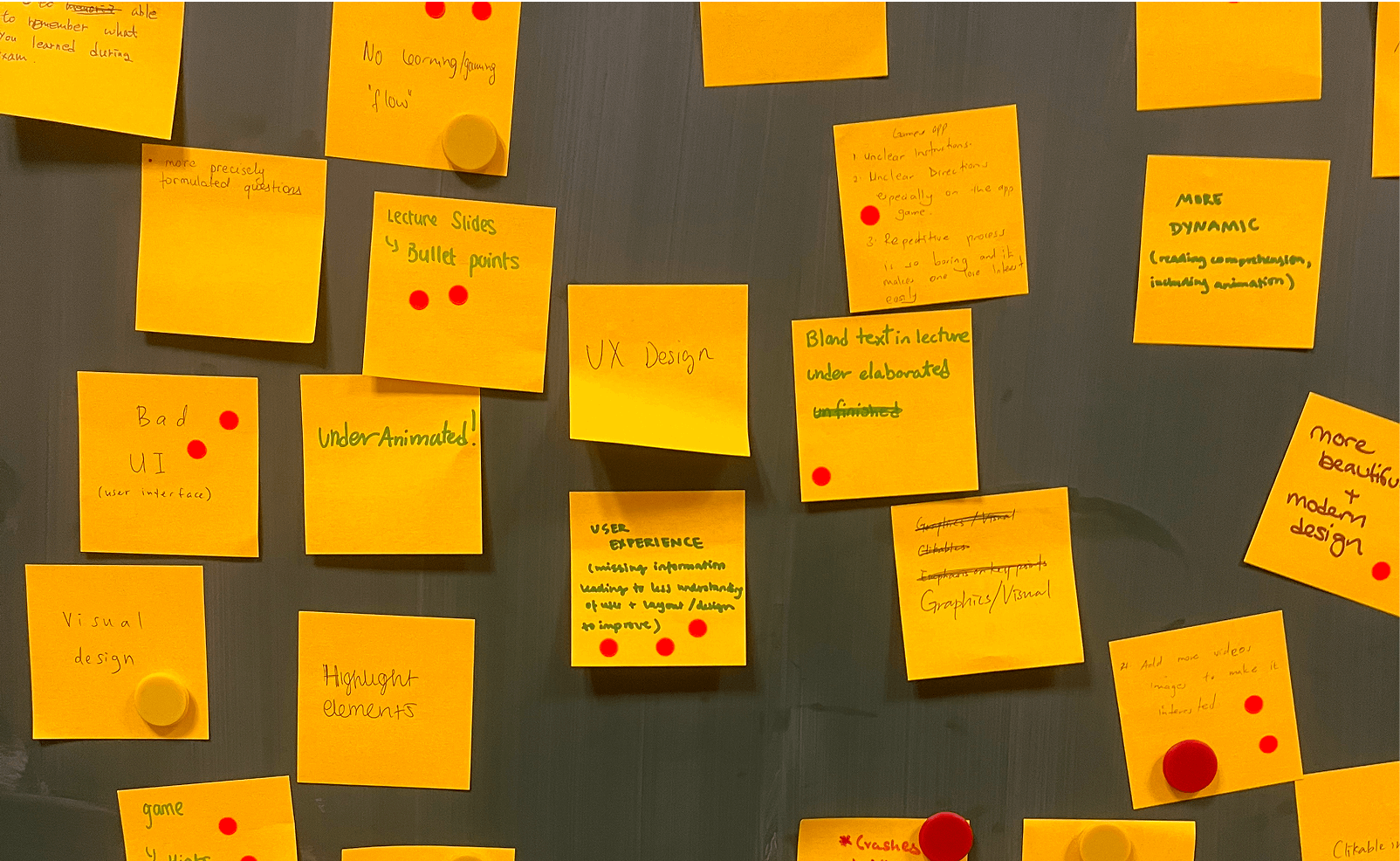 Gray board covered in yellow sticky notes with UX/UI notes and red dots