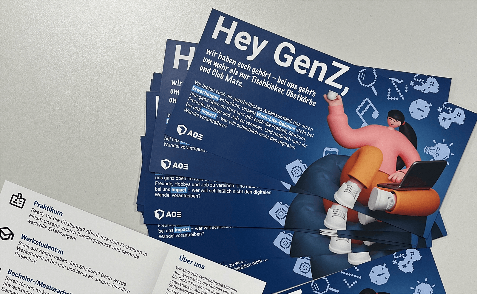 Stacked blue “Hey GenZ” recruitment flyers featuring 3D character and tech icons