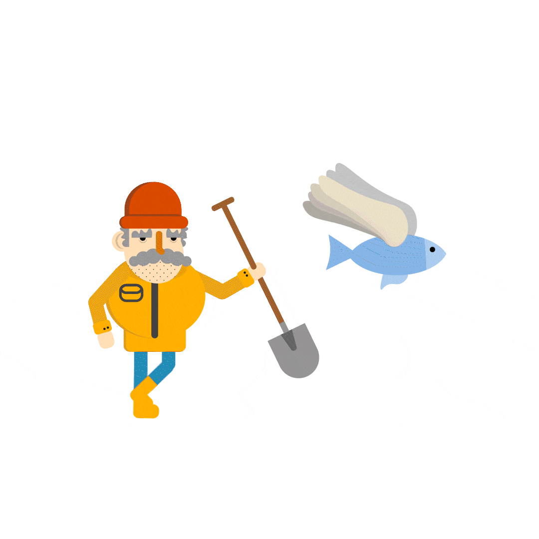 Animated man in yellow jacket walking alongside a flying fish