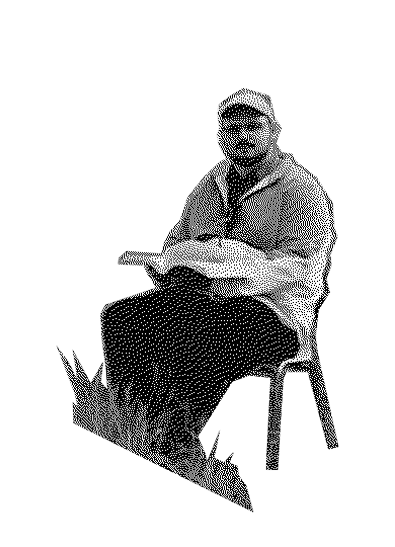 Stylized halftone of Denis Malinko seated on a chair, reading a book