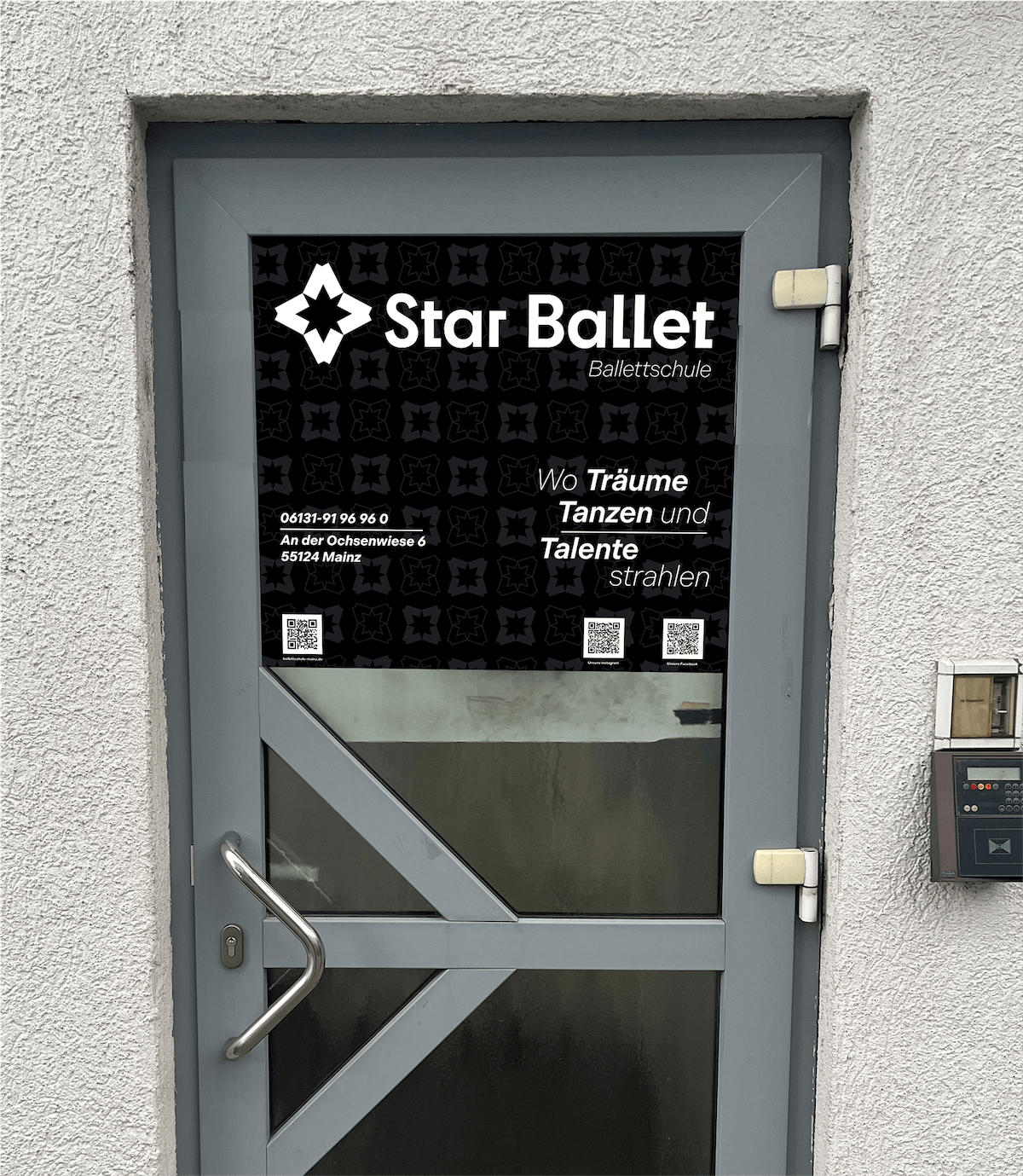 Studio door with Star Ballet logo and information decals