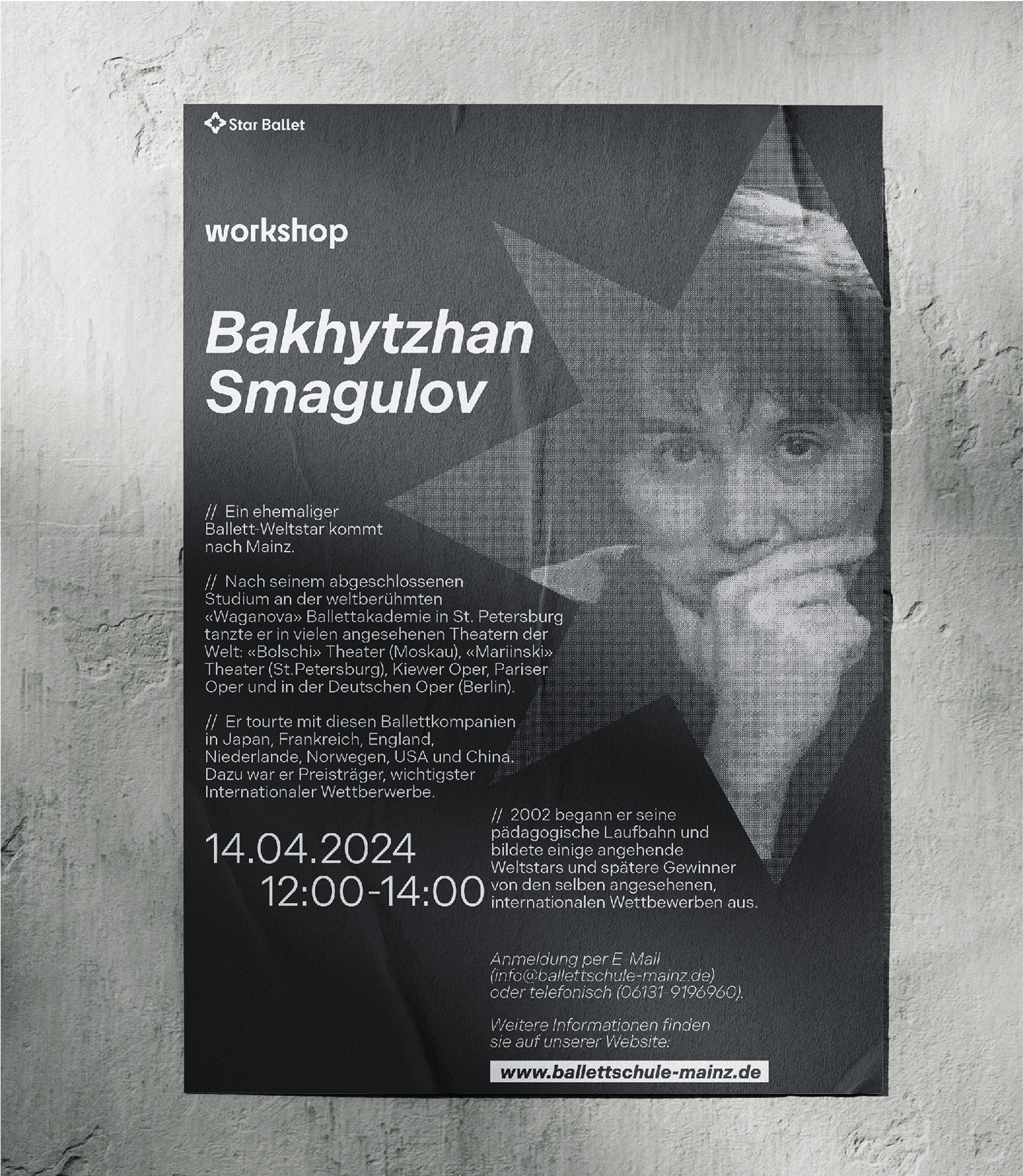 Black and white poster for a workshop with Bakhtyhan Snagulov featuring a portrait photo