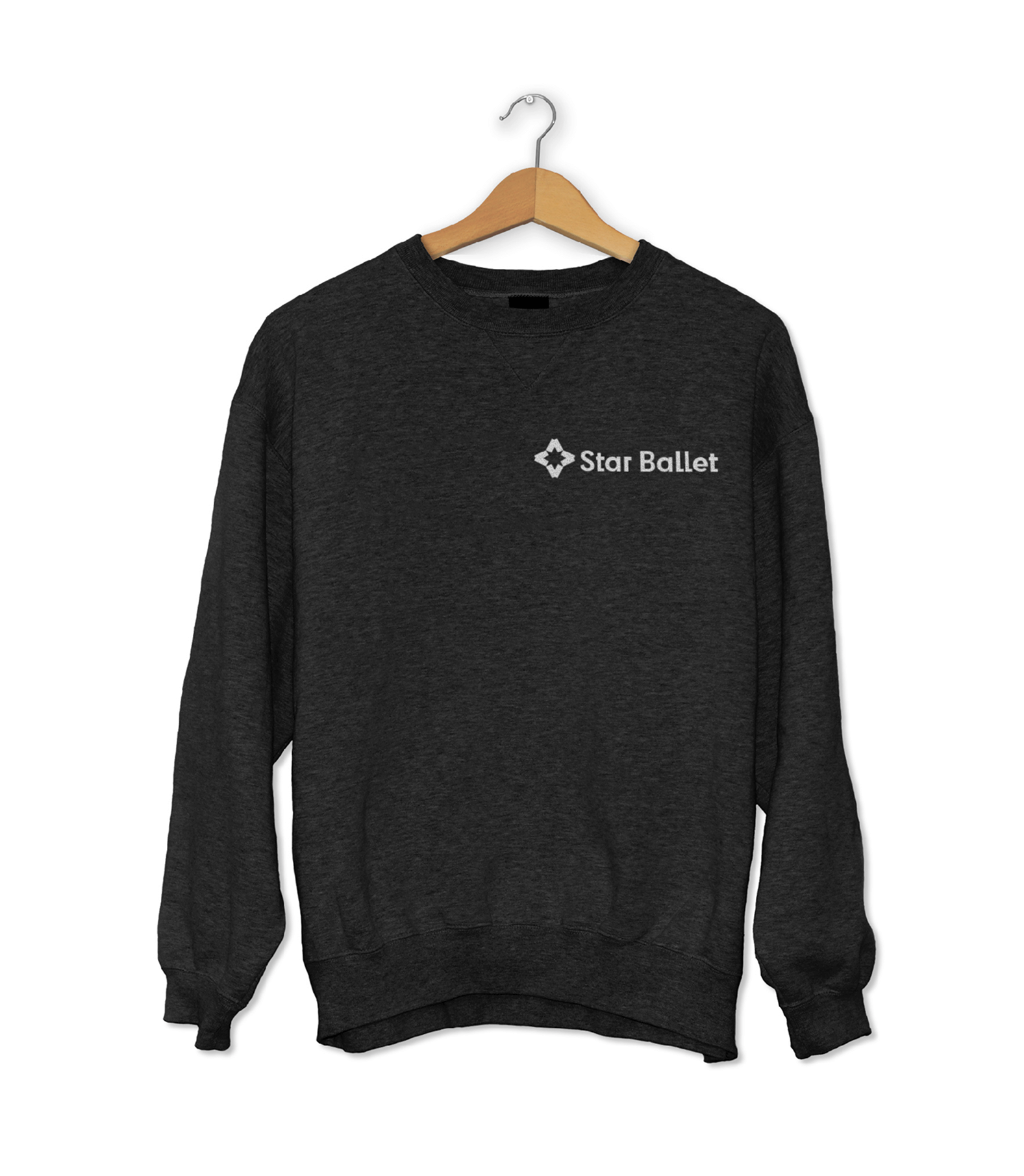 Hanging black sweatshirt with embroidered white Star Ballet logo