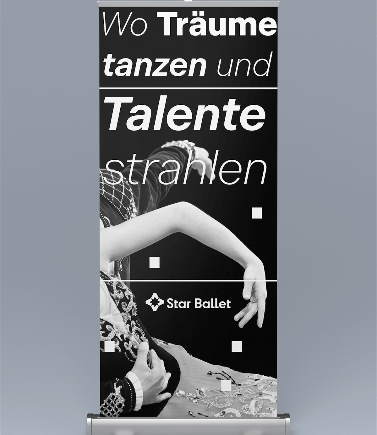Poster with dancers and bold German text promoting dreams, talent, and Star Ballet