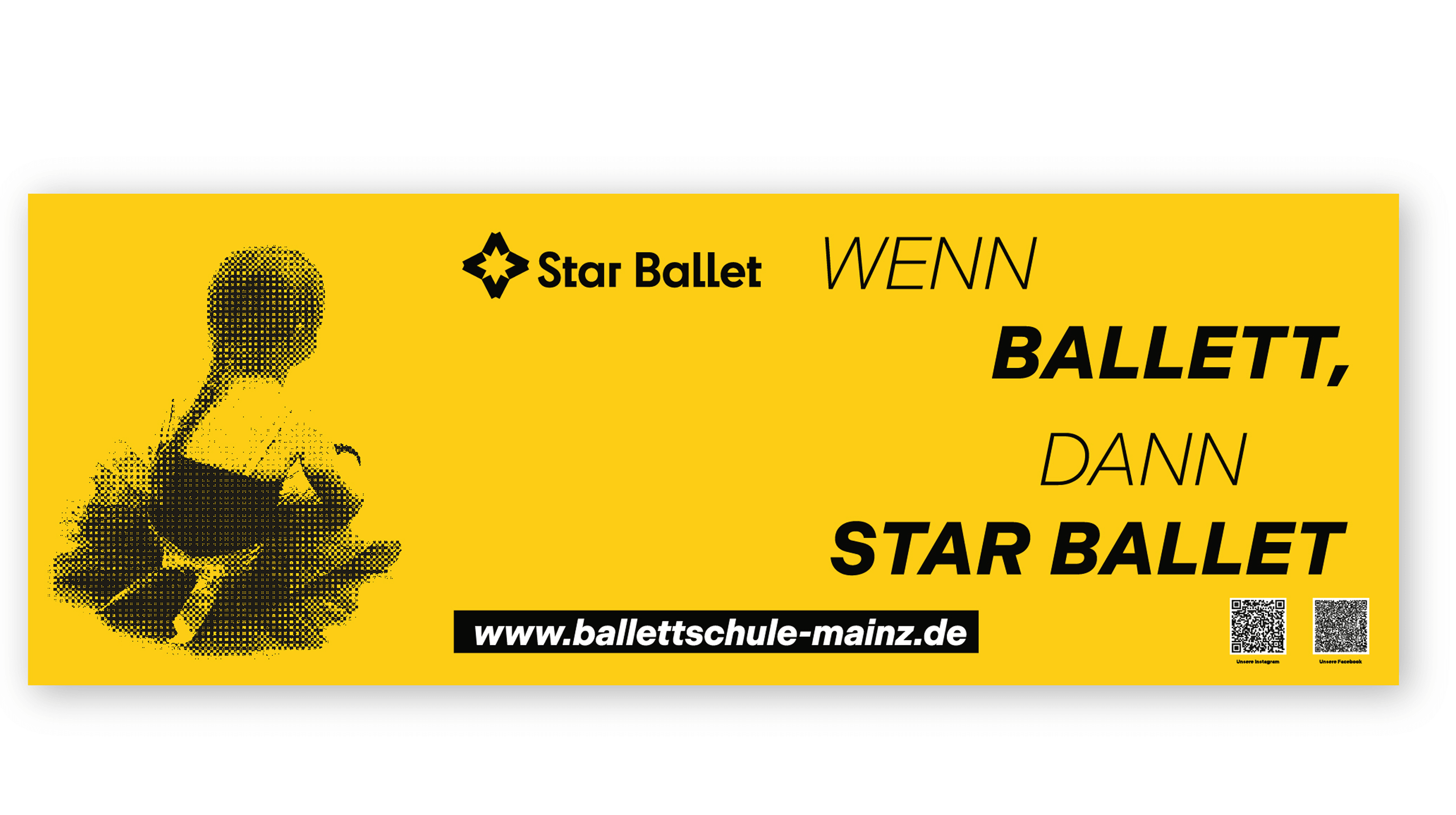 Yellow outdoor banner with child silhouette and bold Star Ballet message in German