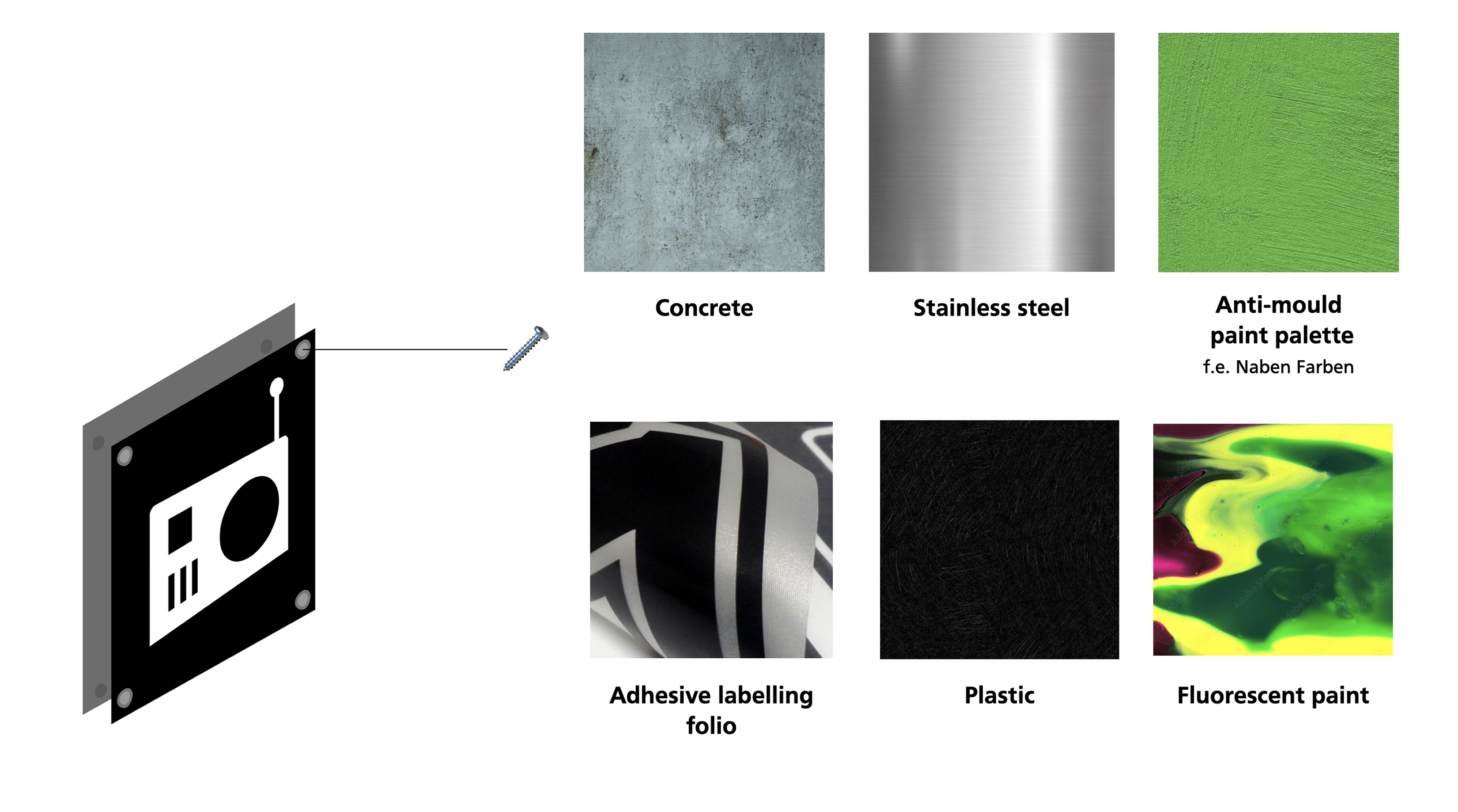 Materials board showing textures and surfaces for shelter walls and floors