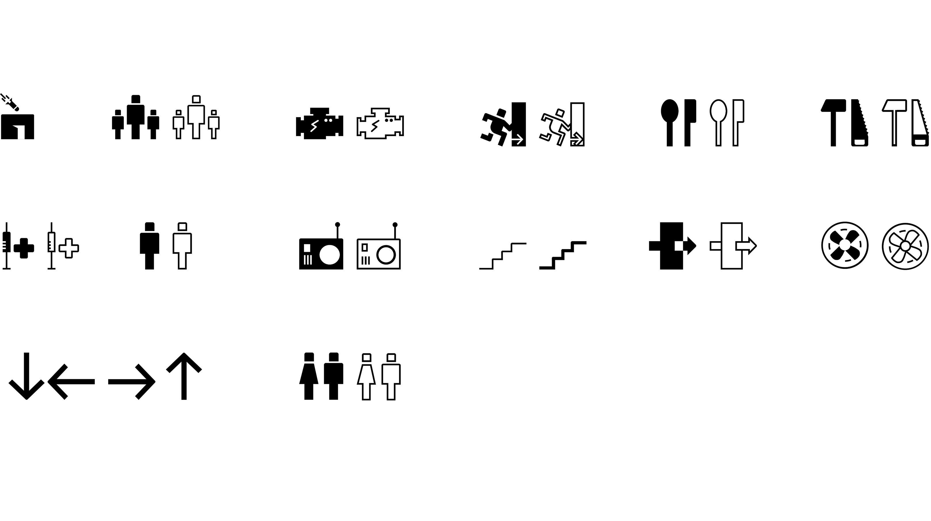 Set of black and white pictograms for shelter signage including restrooms, food, and emergency symbols