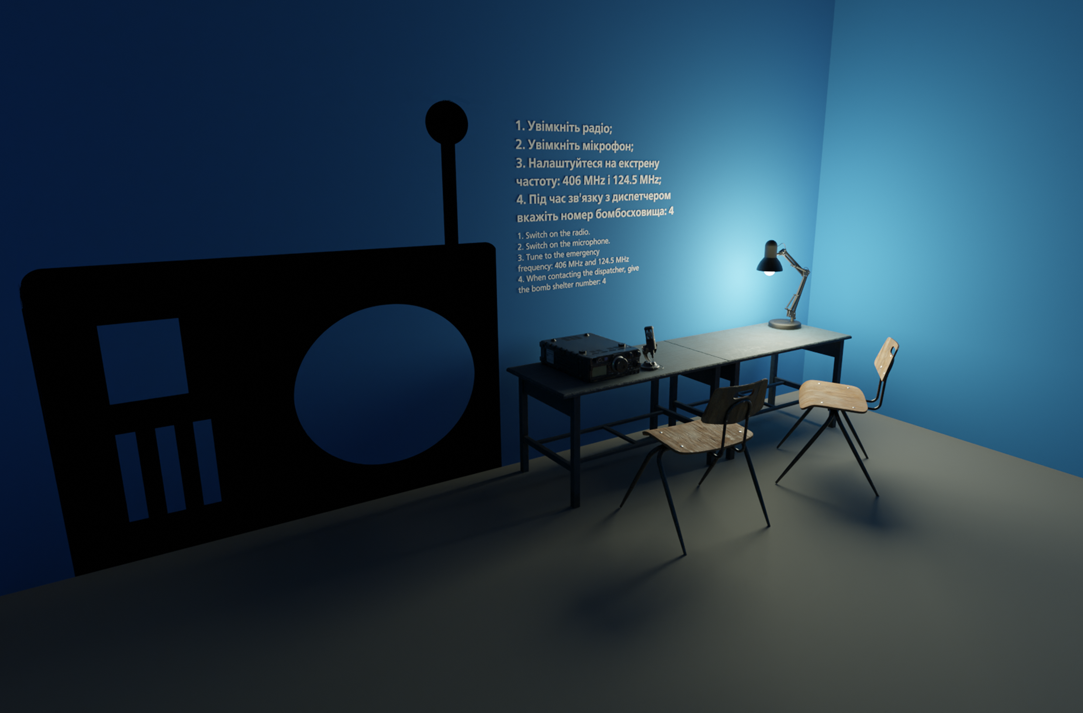 Blue room with emergency radio setup and wall instructions for contacting a dispatcher