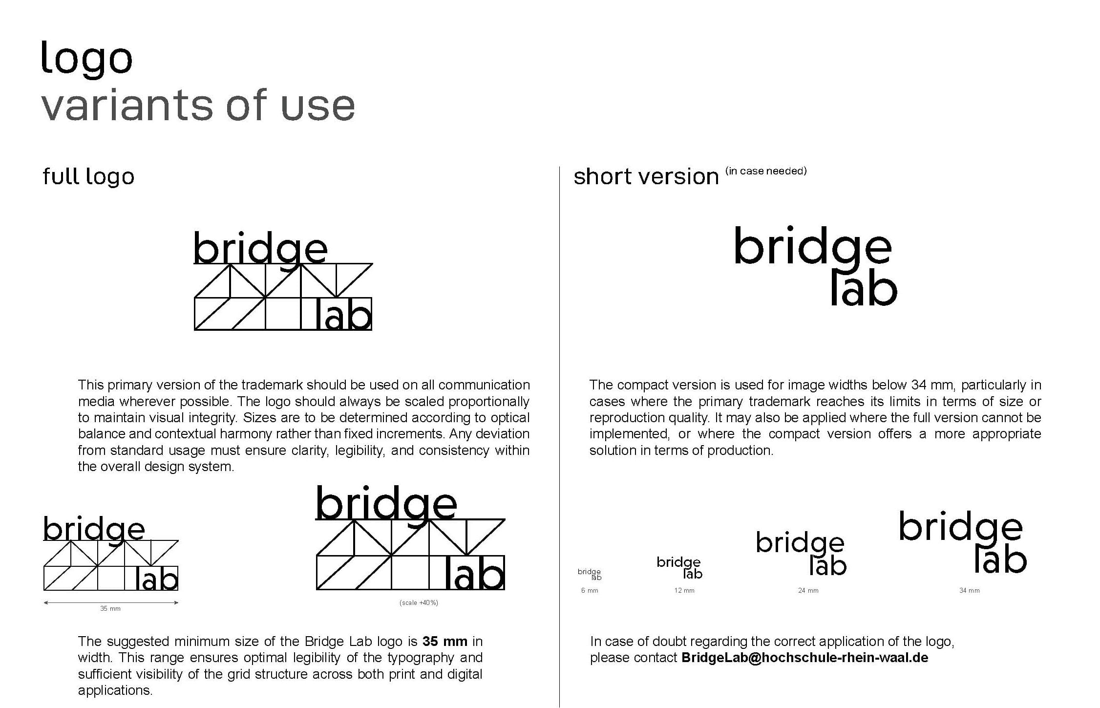 Logo usage guide showing full and short Bridge Lab variants