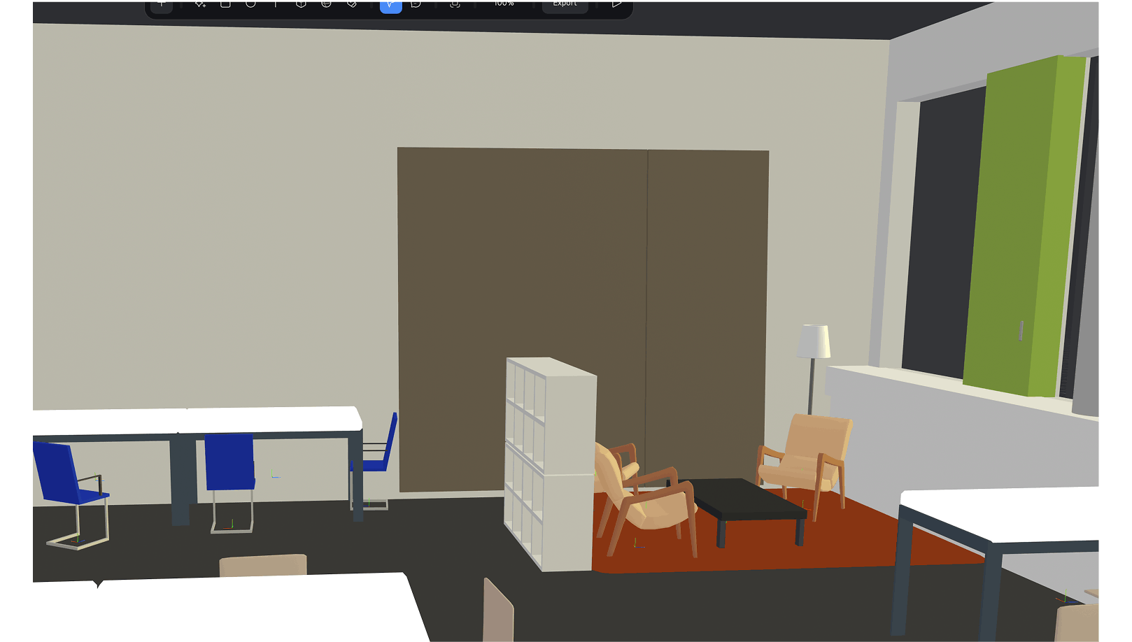 3D room corner with lounge chairs, tables, shelf, and desk