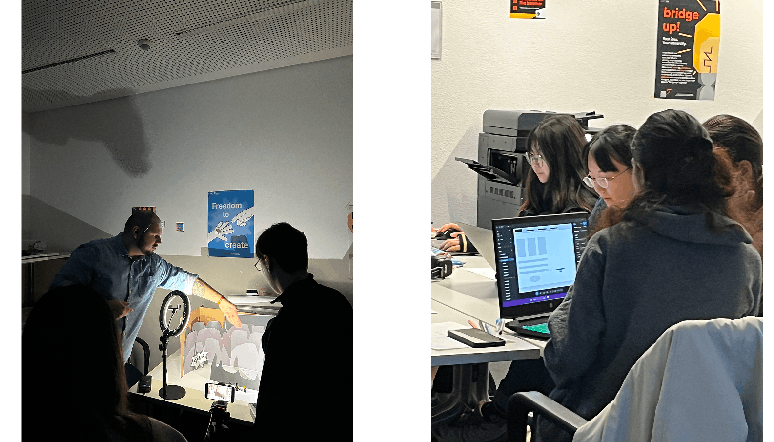 Workshop participants filming stop-motion and collaborating at laptops