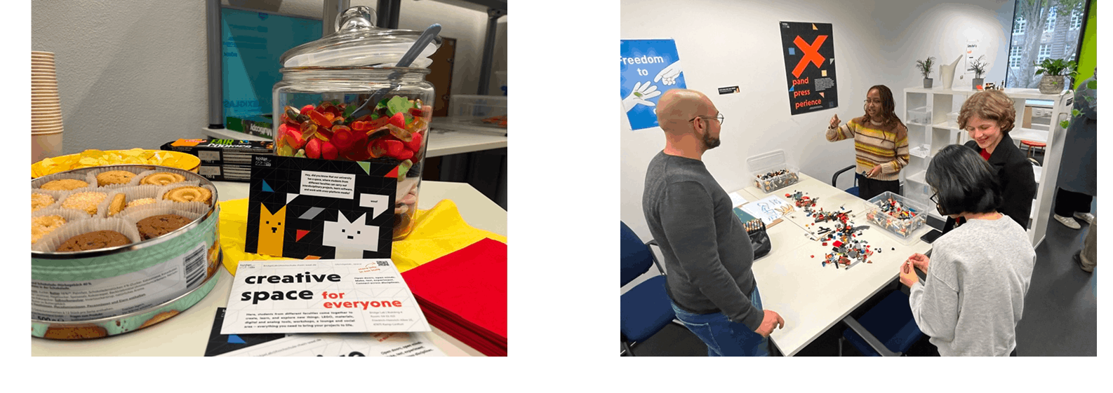 Snacks table and group workshop in Bridge Lab space