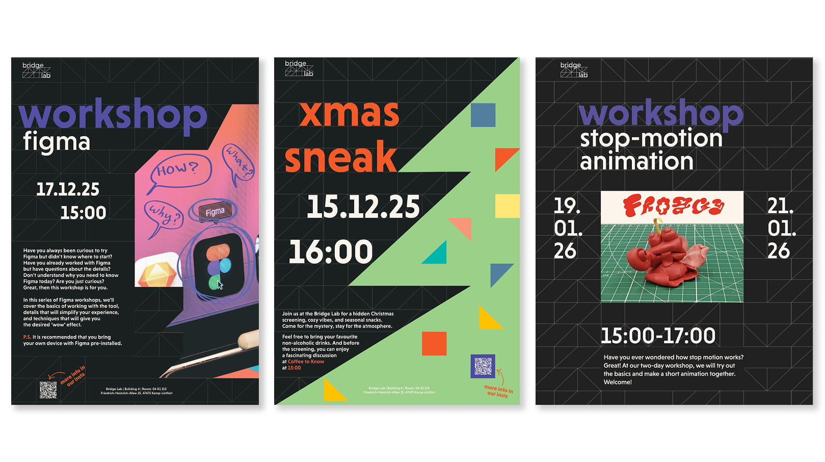 Three Bridge Lab event posters for workshop, screening, animation