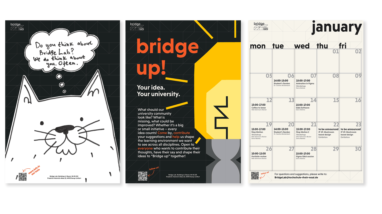 Three Bridge Lab posters: cat illustration, campaign poster, January calendar