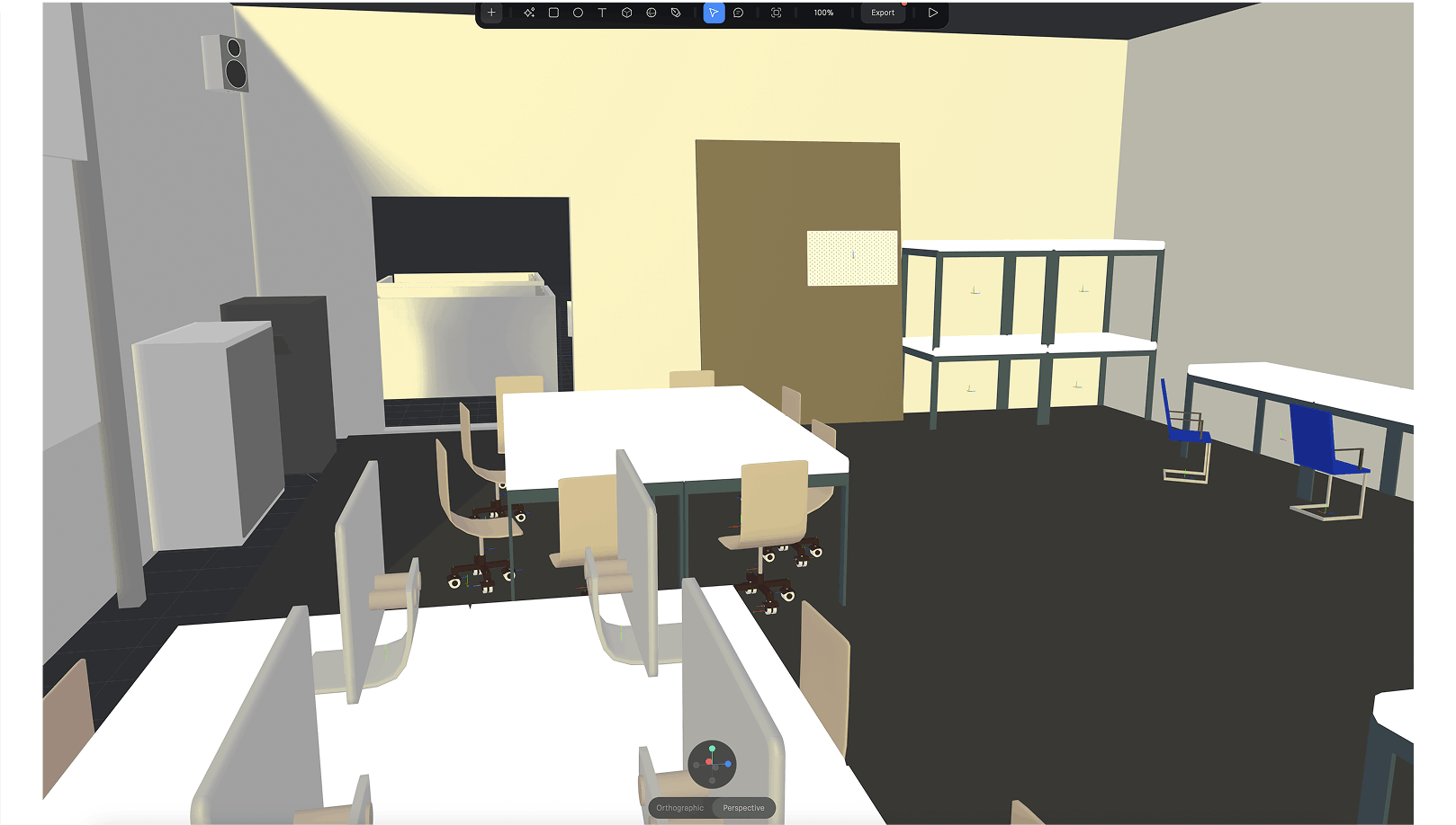 3D classroom layout with tables, chairs, cabinets, and workstations