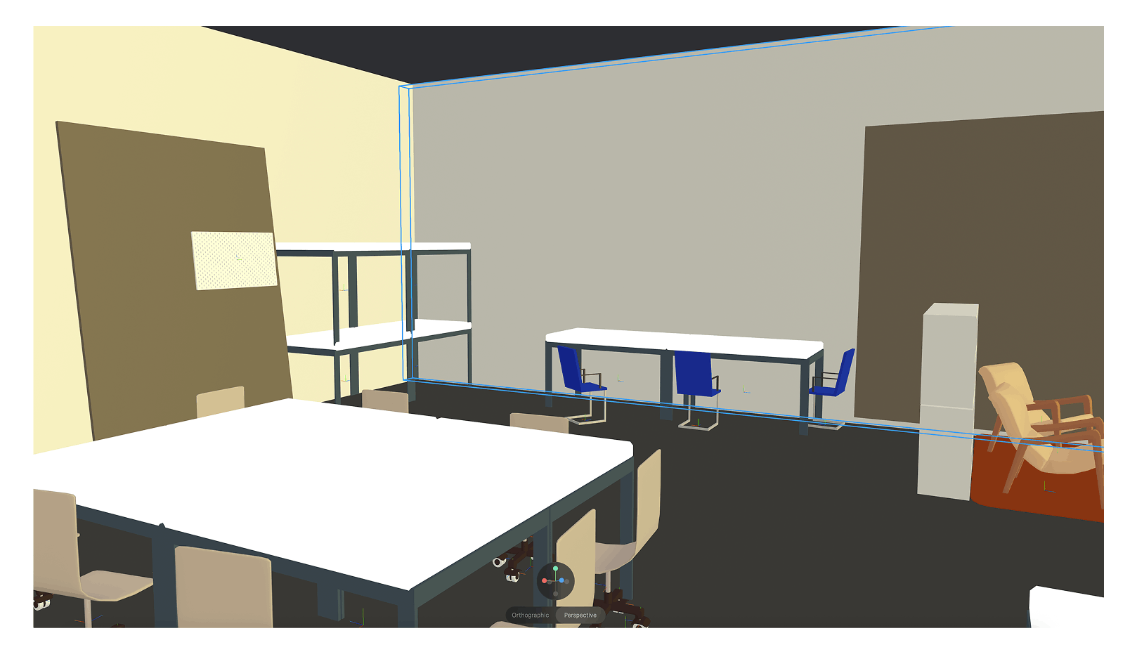 3D room layout with tables, shelves, chairs, and partition wall