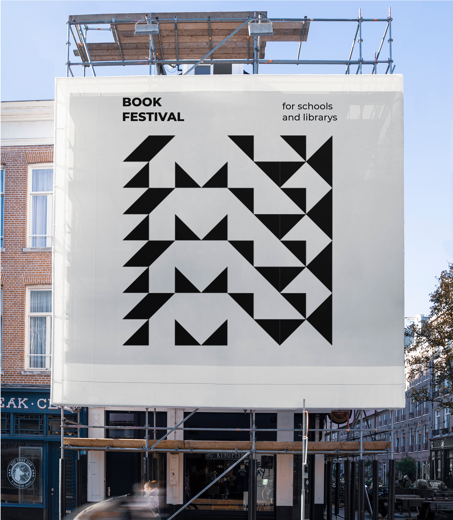 Banner for a book festival with large angular black pattern and minimal text