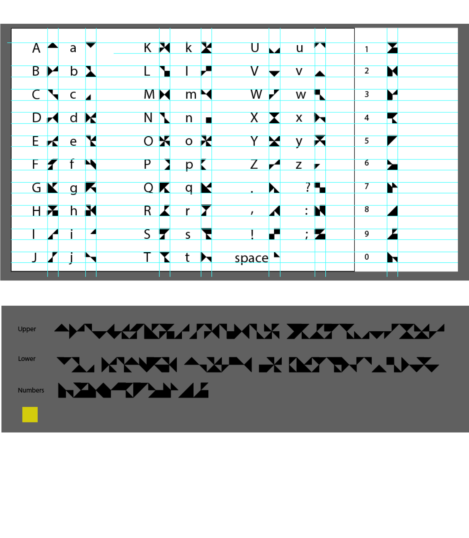 Grid of letters mapped to abstract modular cipher forms