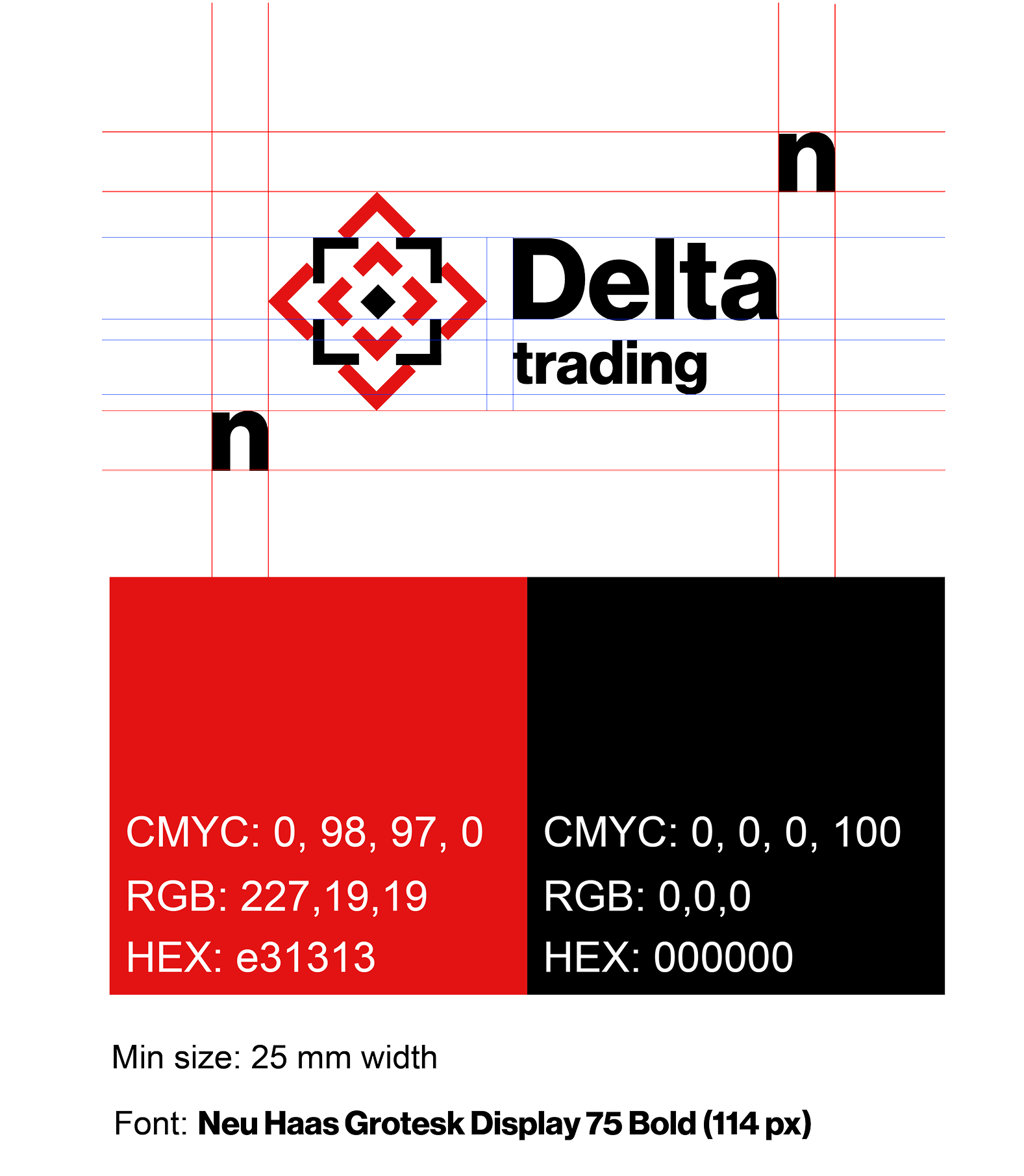 Delta Trading logo, color palette, font, and sizing specifications
