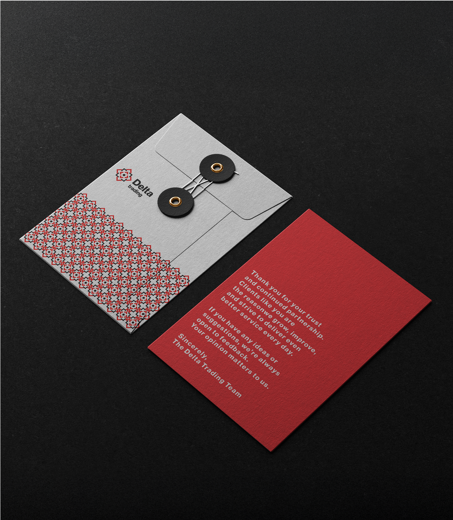 Business stationery set with Delta Trading branding and traditional motif