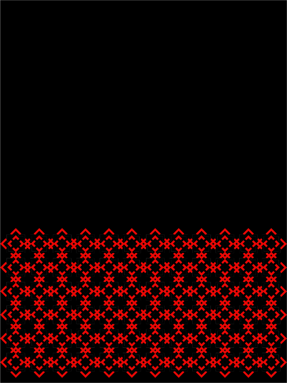Red ornamental pattern on black background inspired by traditional Ukrainian embroidery