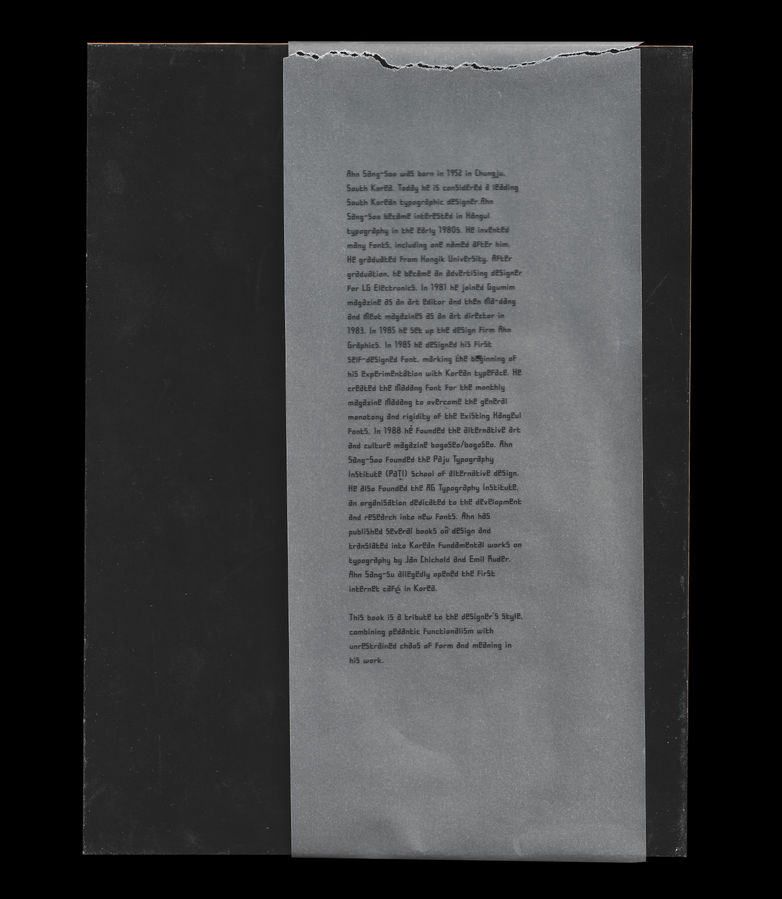 Back cover with grey translucent wrap and biography-style text