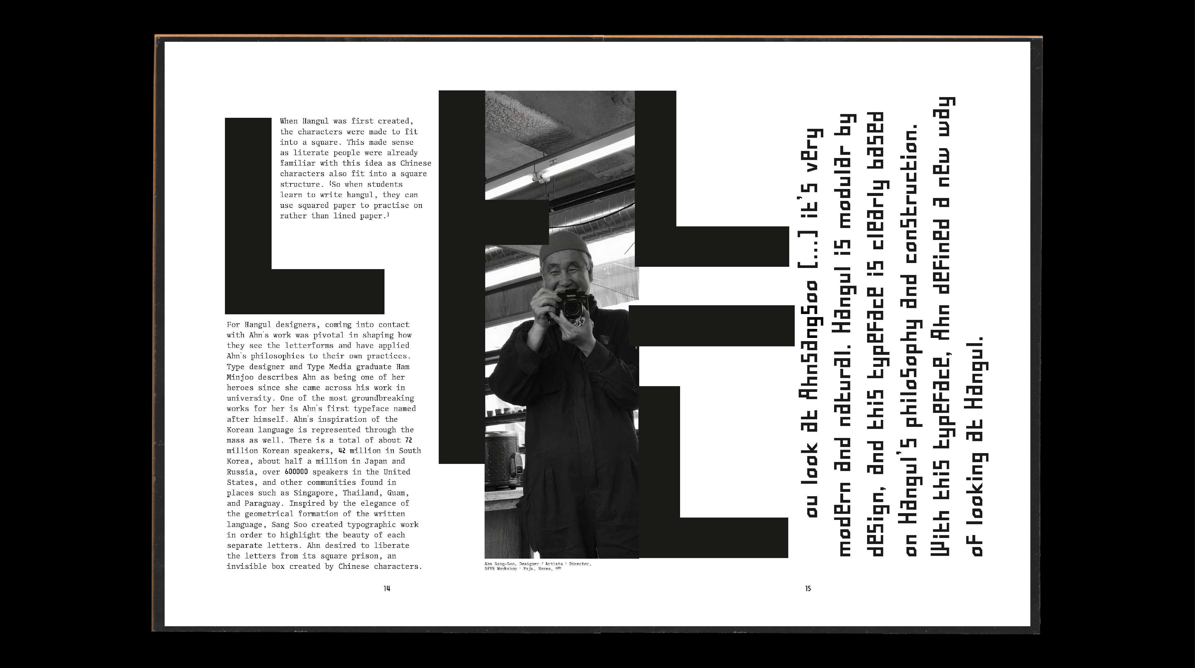 Book spread with portrait of Ahn Sang Soo and analysis of his Hangul type design