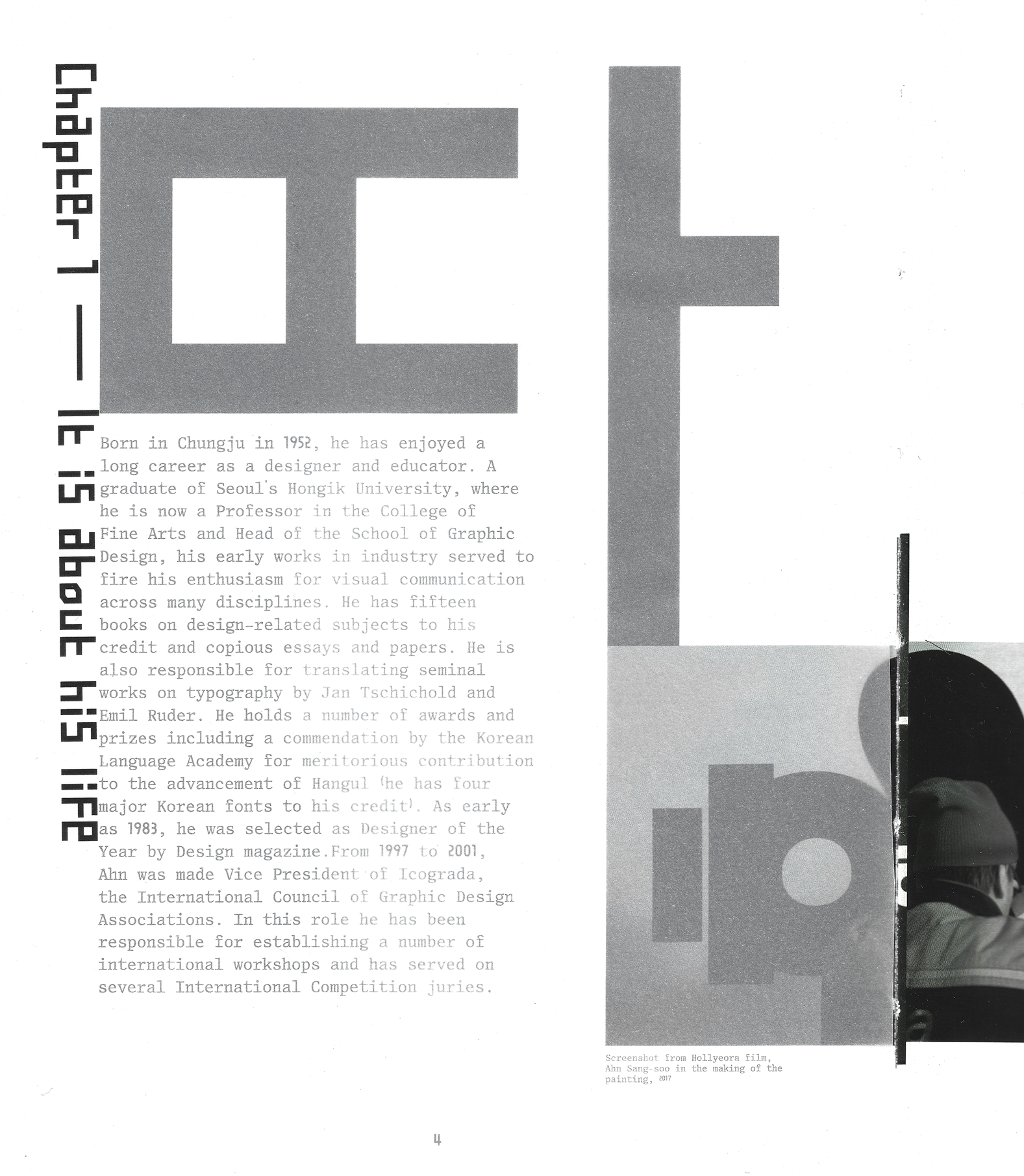 Book spread titled "Chapter 1 — It’s about his life" with Hangul letterforms and biography text
