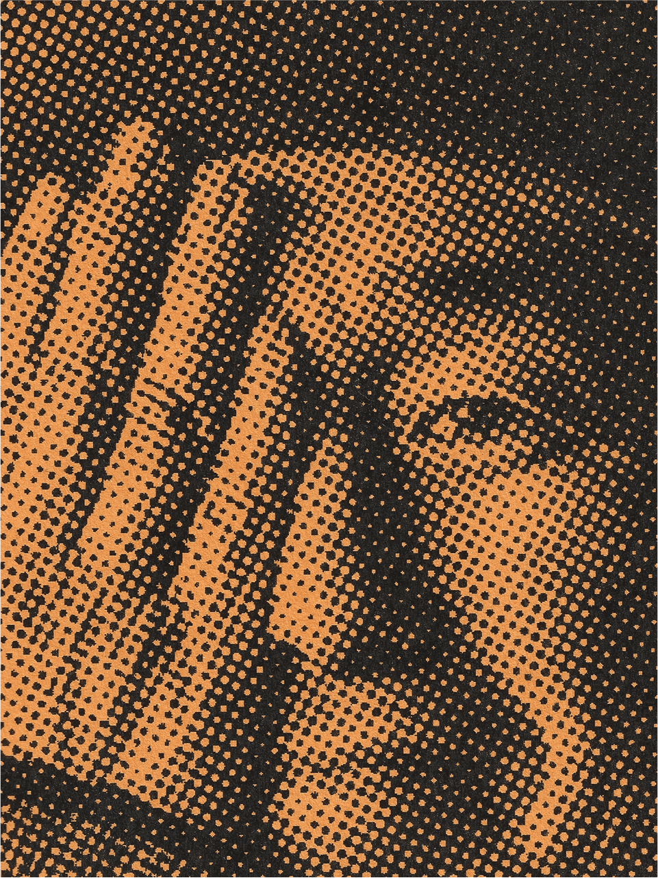 Halftone-printed portrait of a person covering one eye, on orange paper