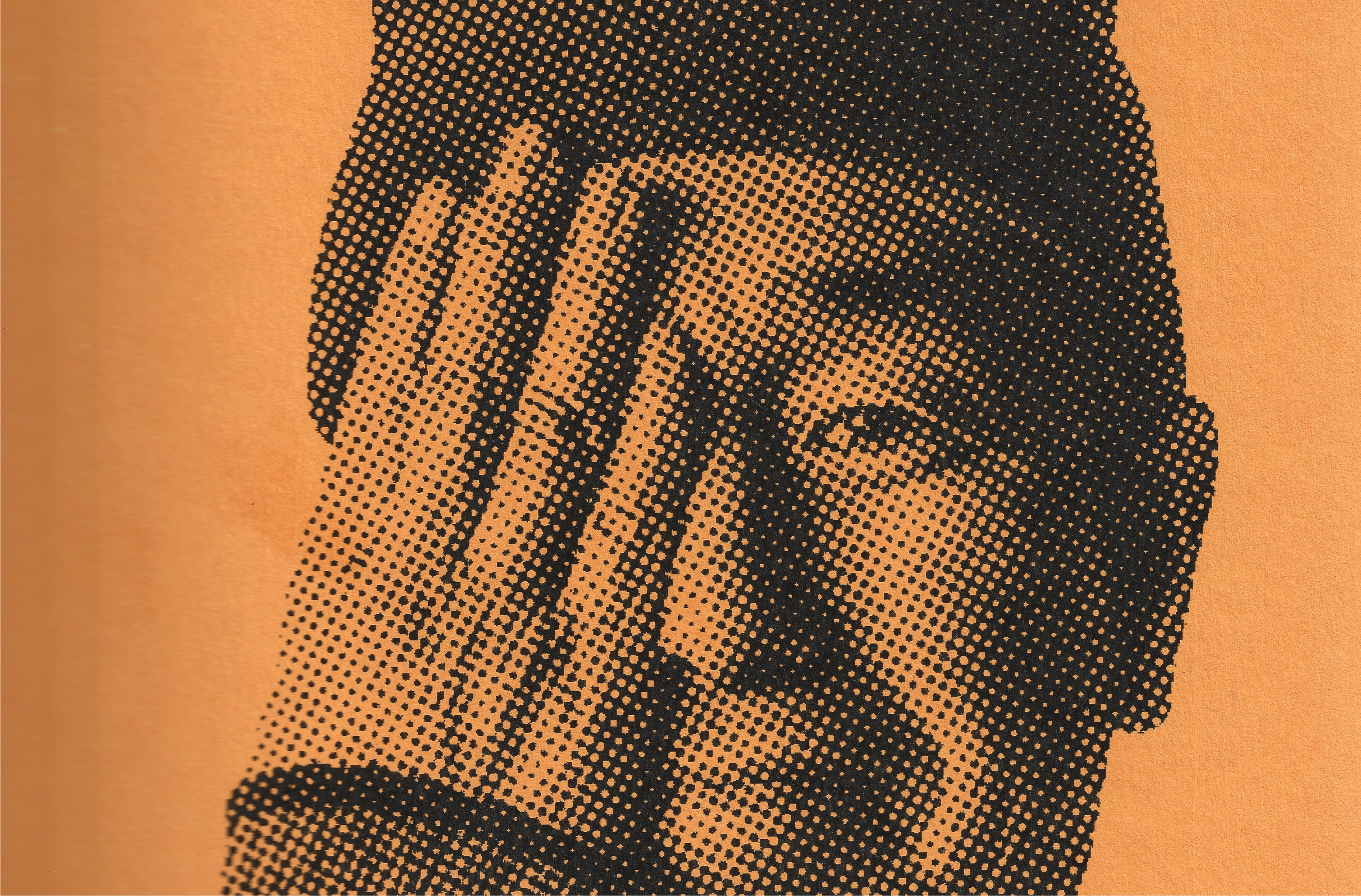 Halftone-printed portrait of a person covering one eye, on orange paper
