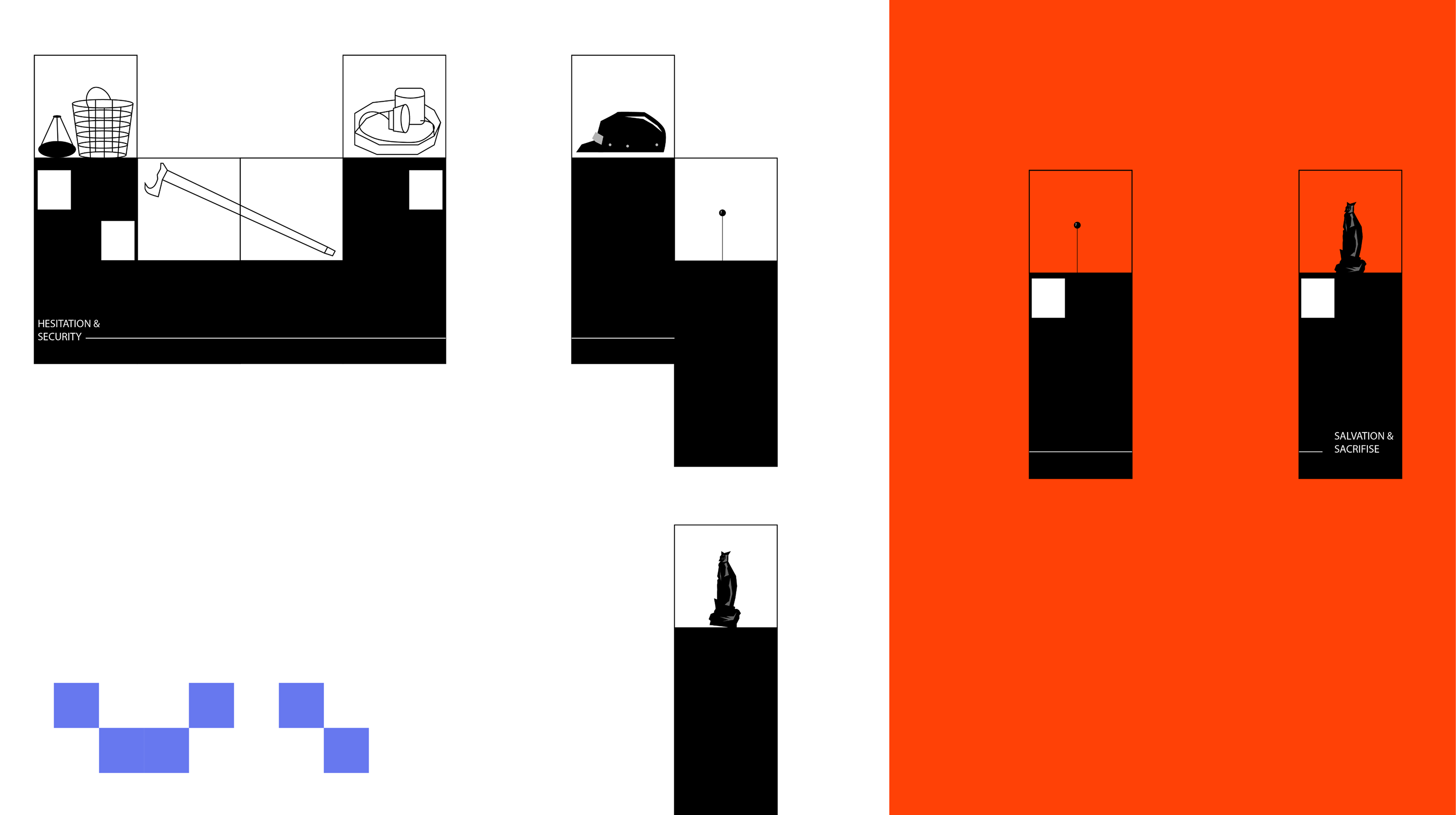 Symbolic graphic layouts exploring themes of hesitation, security, salvation, and sacrifice
