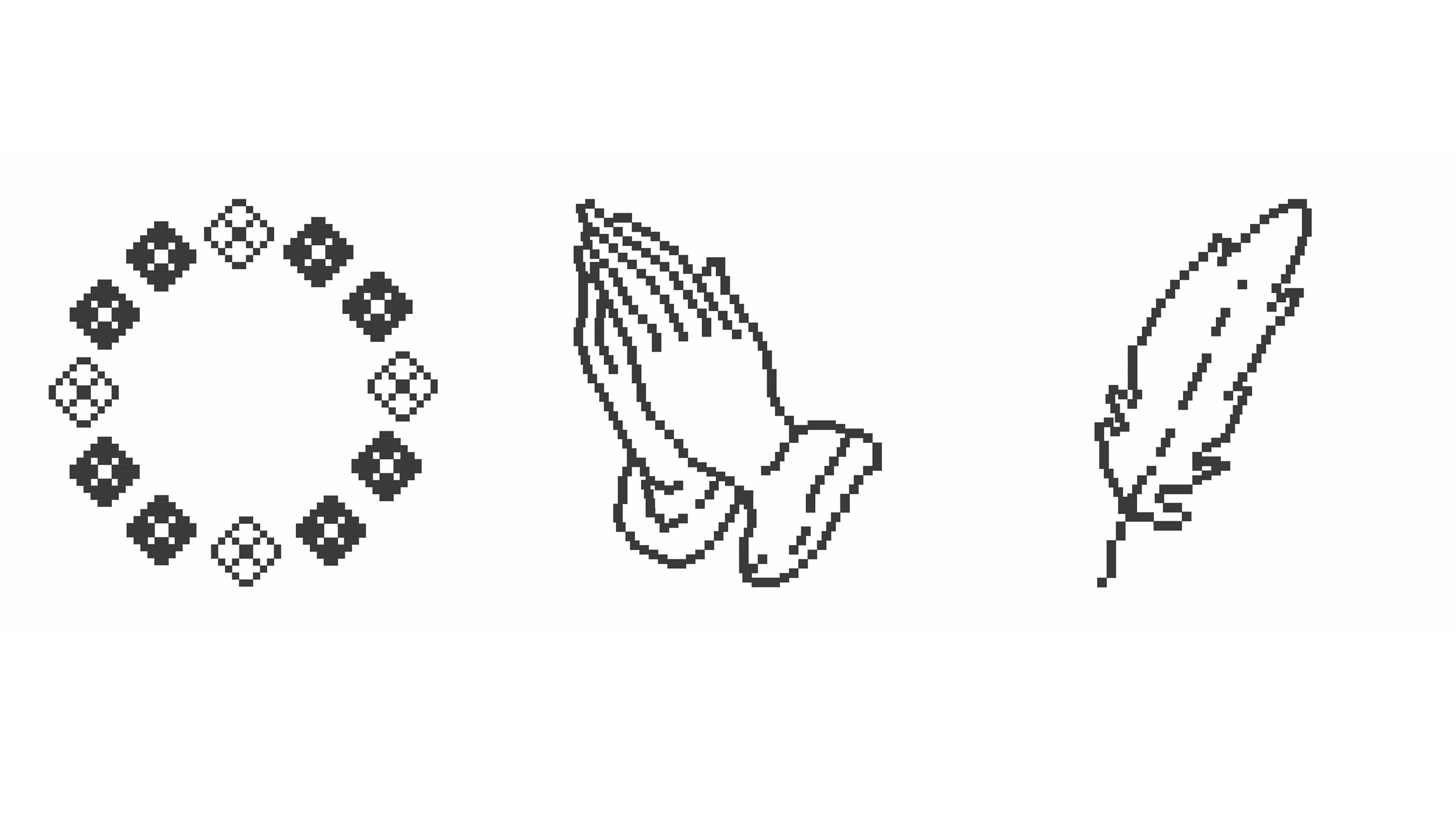Pixel-style icons of a circle, praying hands, and feather