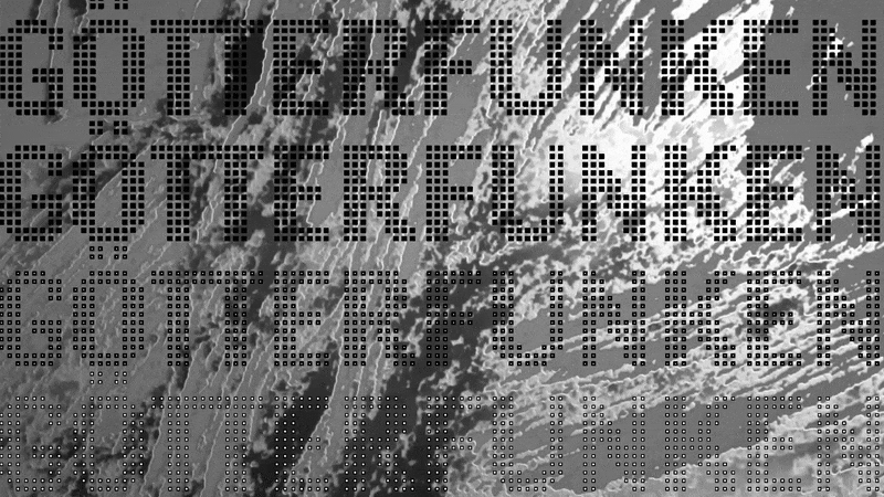 Animated "GÖTTERFUNKEN" text with abstract shifting black-and-white background