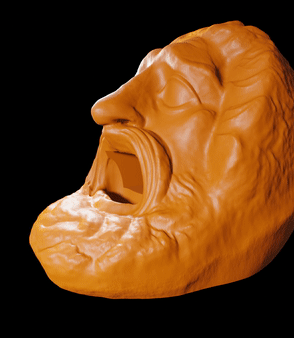 Sponge sliding into animated orange sponge holder’s open mouth