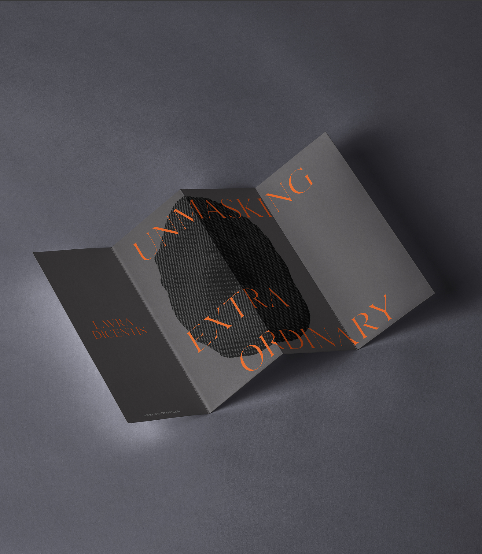 Folded brochure design with copper text reading "Unmasking the Extraordinary"