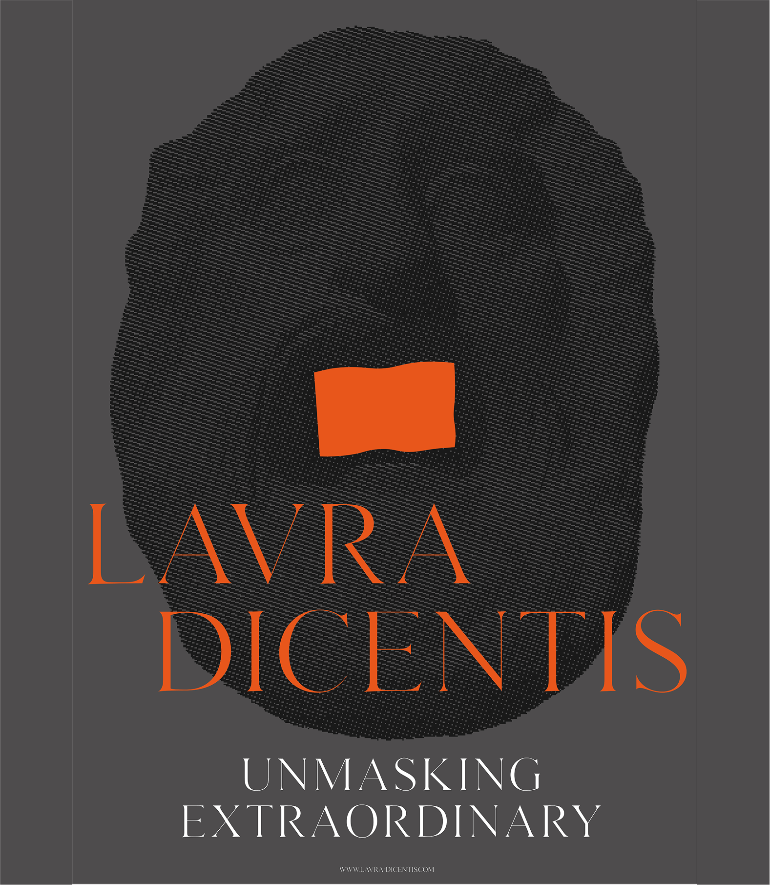 Poster design for Lavra Dicentis with bold typography and masked sculpture