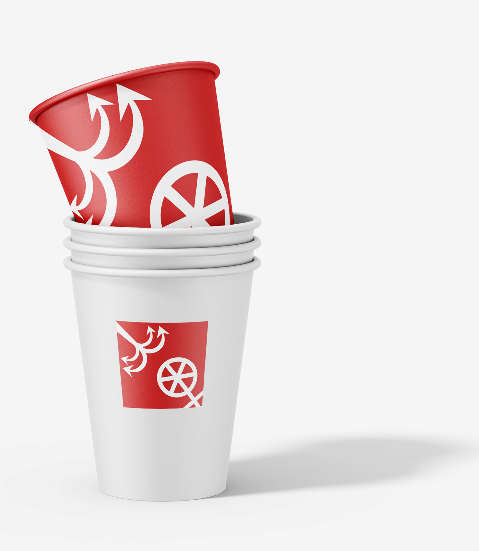 Stacked reusable cups with Mainz–Odessa partnership emblem in white and red