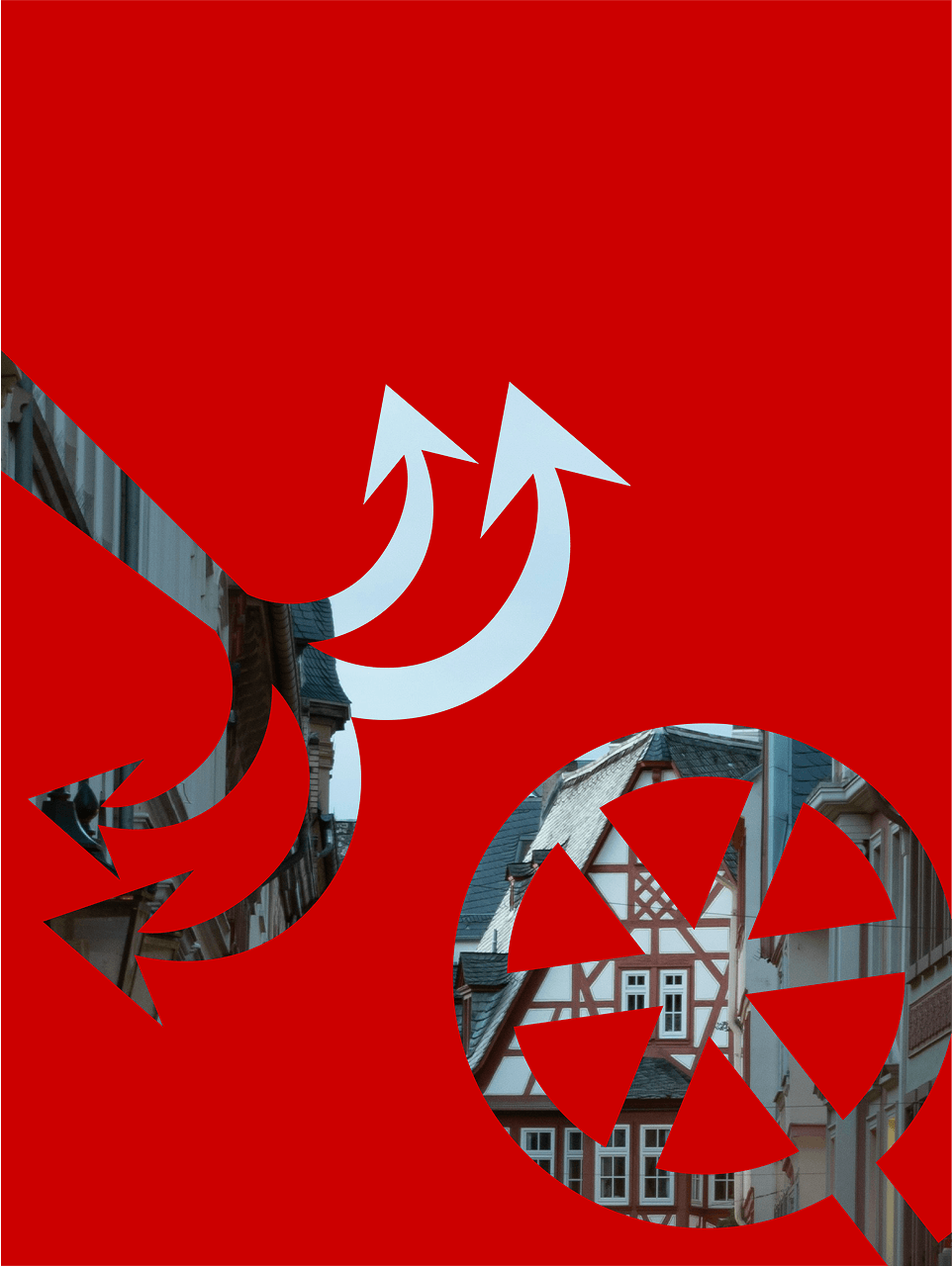 Red overlay design with anchor and Mainz wheel cutouts revealing old town street