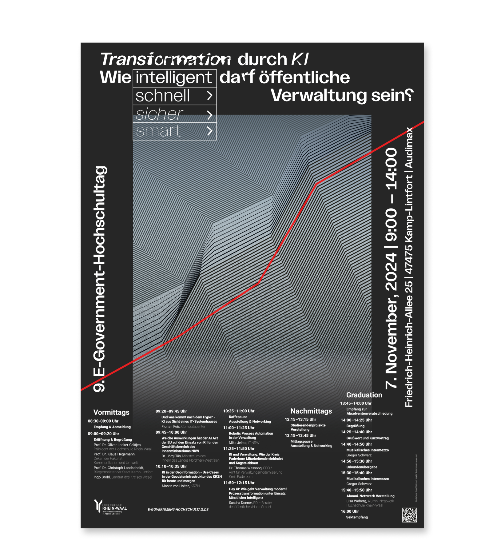 German event poster with graph lines and slanted monochrome text