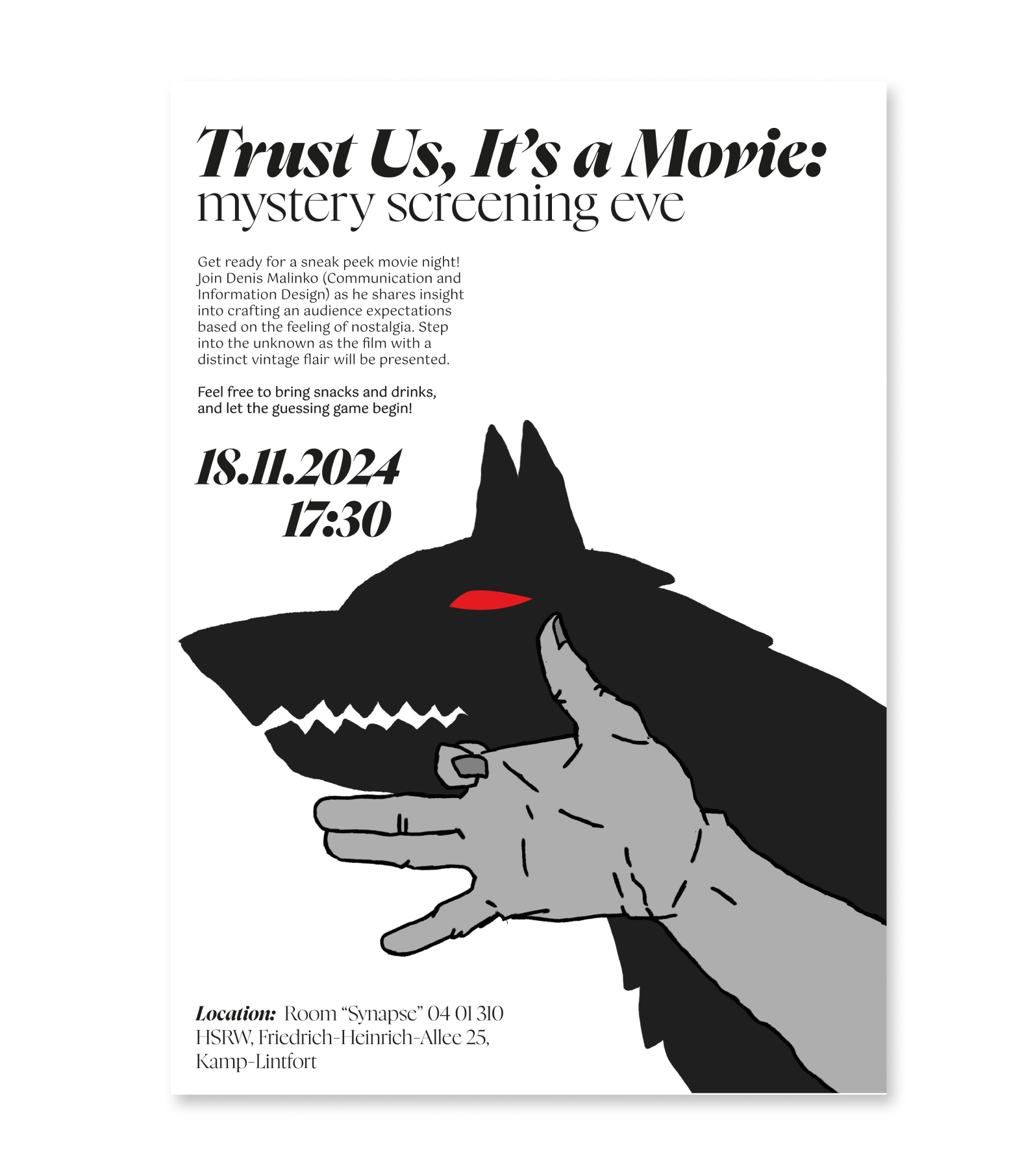 Black wolf and hand illustration under bold event title and date